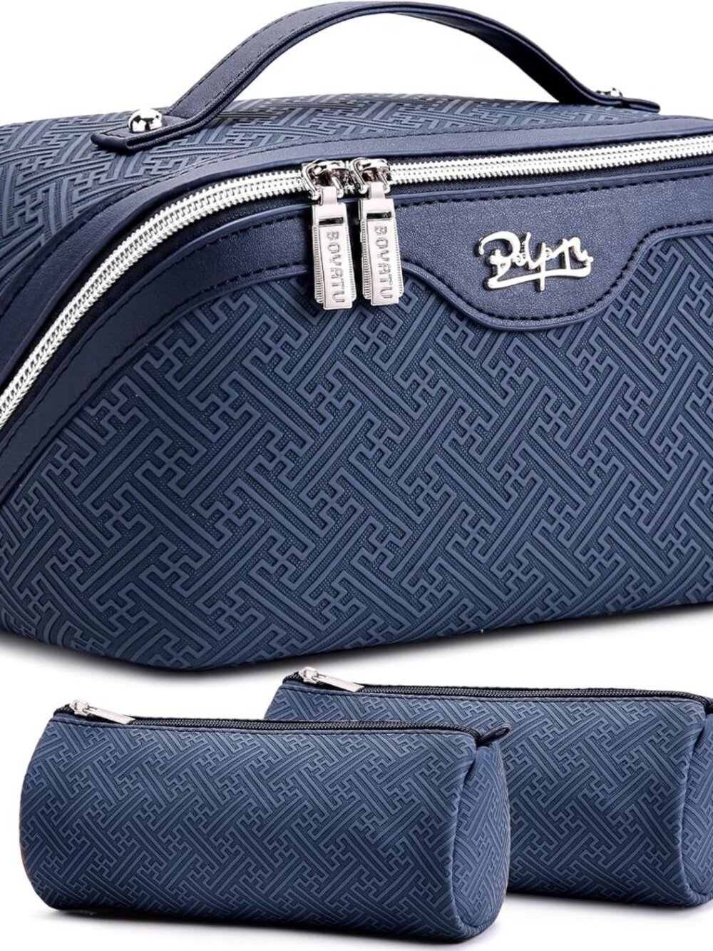 Navy Textured Travel Cosmetic Bag Set with Two Matching Pouches